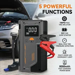 Multi-functional car emergency starter, 2-in-1 car repair kit 180 psi air compressor and 8000A car start power supply, 12V/24V wireless charger, equipped with alligator clip and inflation accessories, car emergency rescue tool, Automotive tool kit