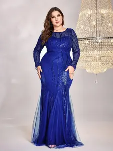 BluePlum Elastic, Woven Sequin, Comfortable To Wear, Suitable For Different Bodies, With A Perspective Round Neck Long Sleeved Slim Fit Fishtail Hem Featuring Unique Design, Formal Bridesmaid Party Extra Long Ball Plus Size Women Dress, Womenswear