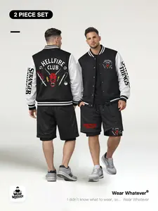 Stranger Things 「2-Piece Set」 Hellfire Club Baseball Jacket + Breathable Layered Shorts, Casual Fitted for Outdoor & Home Wear