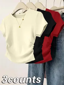 Women's Solid Color Ruched Tee, Casual Short Sleeve Fitted Basic T-shirt for Daily Wear, Ladies Clothes for All Seasons, Top