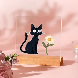 Black Cat & Daisy Glass Effec Wall Art - Cute Kitten with Expressive Eyes, Artistic Modern for boho Farmhouse Decor, Lightweight Desktop or Wall-Mounted Home Office Decoration, Holiday Gift for Women