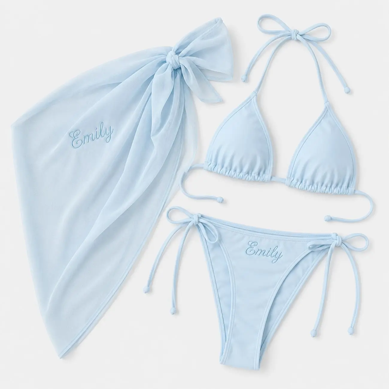 Bride Bikini Set with Matching Sarong, Custom Name Embroidery Tie Side Swimwear for Honeymoon Beach Vacation