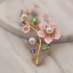 Elegant Flower Blossom Pearl Multicolor Rhinestones Brooch Pin