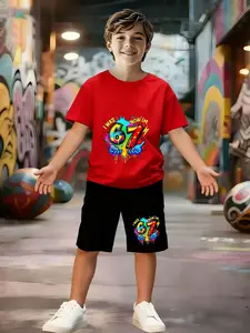 Boys' Fashion Set with Explosive '67' Number Pattern, Round Neck Short Sleeve Top and Shorts, Summer Comfortable, Perfect Gift