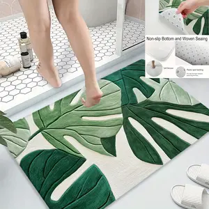 Tropical Leaf Print Bathroom Door Mat, Botanical Area Rugs, Soft Flannel Carpet for Living Room Bedroom Kitchen Office, All-Season Home Decor Rug
