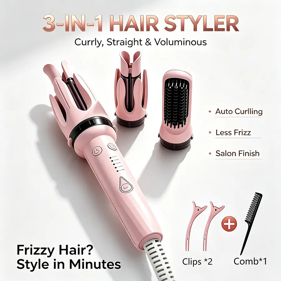 3-IN-1 Interchangeable Auto Hair Styler, Automatic Curler, Straightening Brush & Volumizing Head 3 Attachments, Anti-Frizz Fast Hairstyling Hot Tool, Comes with Hair Clips & Comb for Home Daily Salon Hair Finish