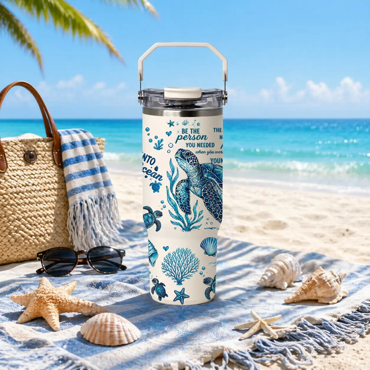 1 Pc 30oz insulated mug, Tumbler, Leakproof Insulated Tumbler, sea turtle print, black coastal shell design, handle, double wall, leak-proof, keeps hot 12h cold 24h, thermal cup for drinks, beach travel car office, women men, gift, Stainless Steel Tumbler