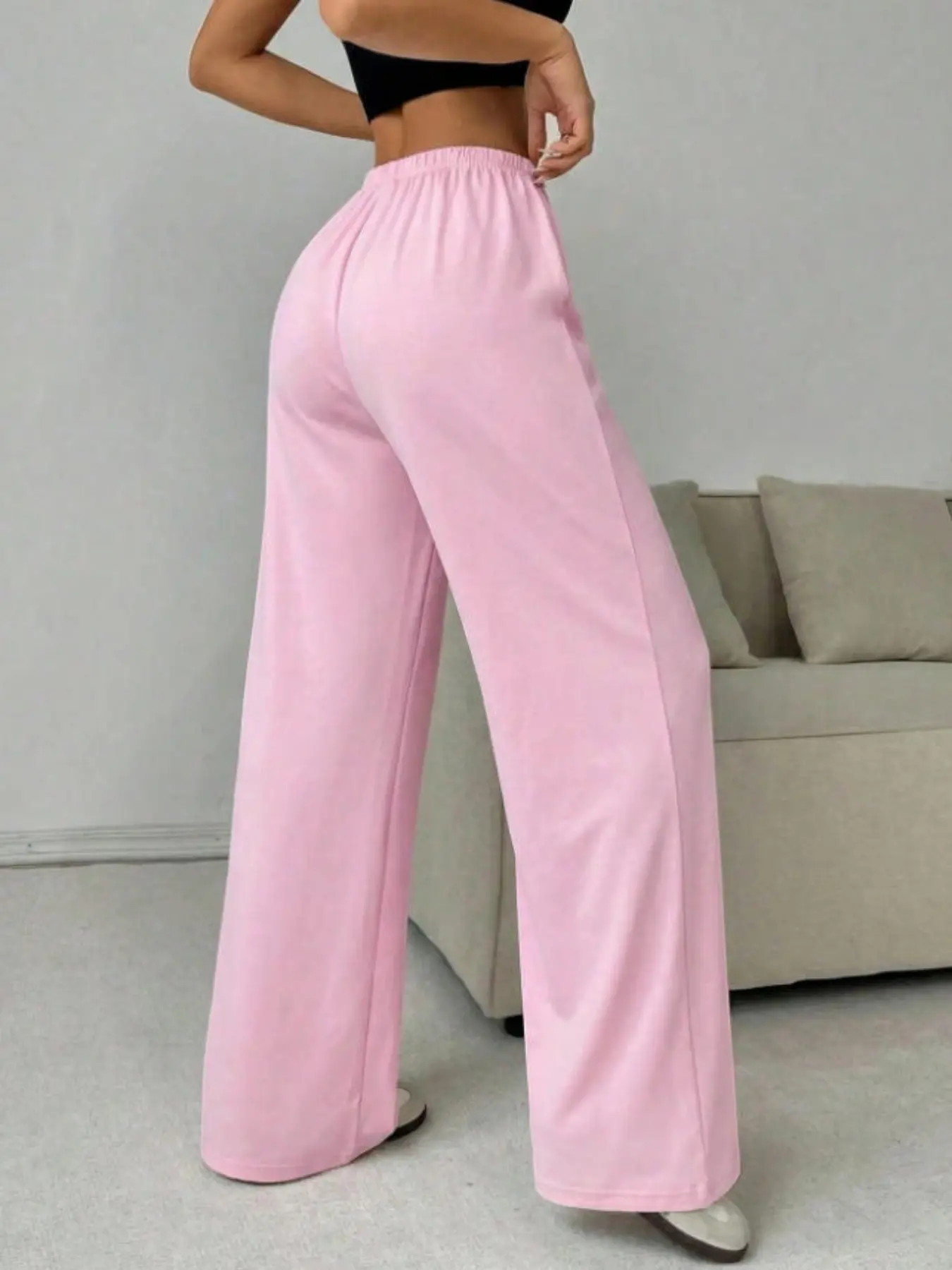 Women's Soft Knit Cream Casual Elastic Lounge Pants, Spring Summer Wide Leg Oversized Sweatpants, Comfortable Loose Fit Long Pants for All Seasons