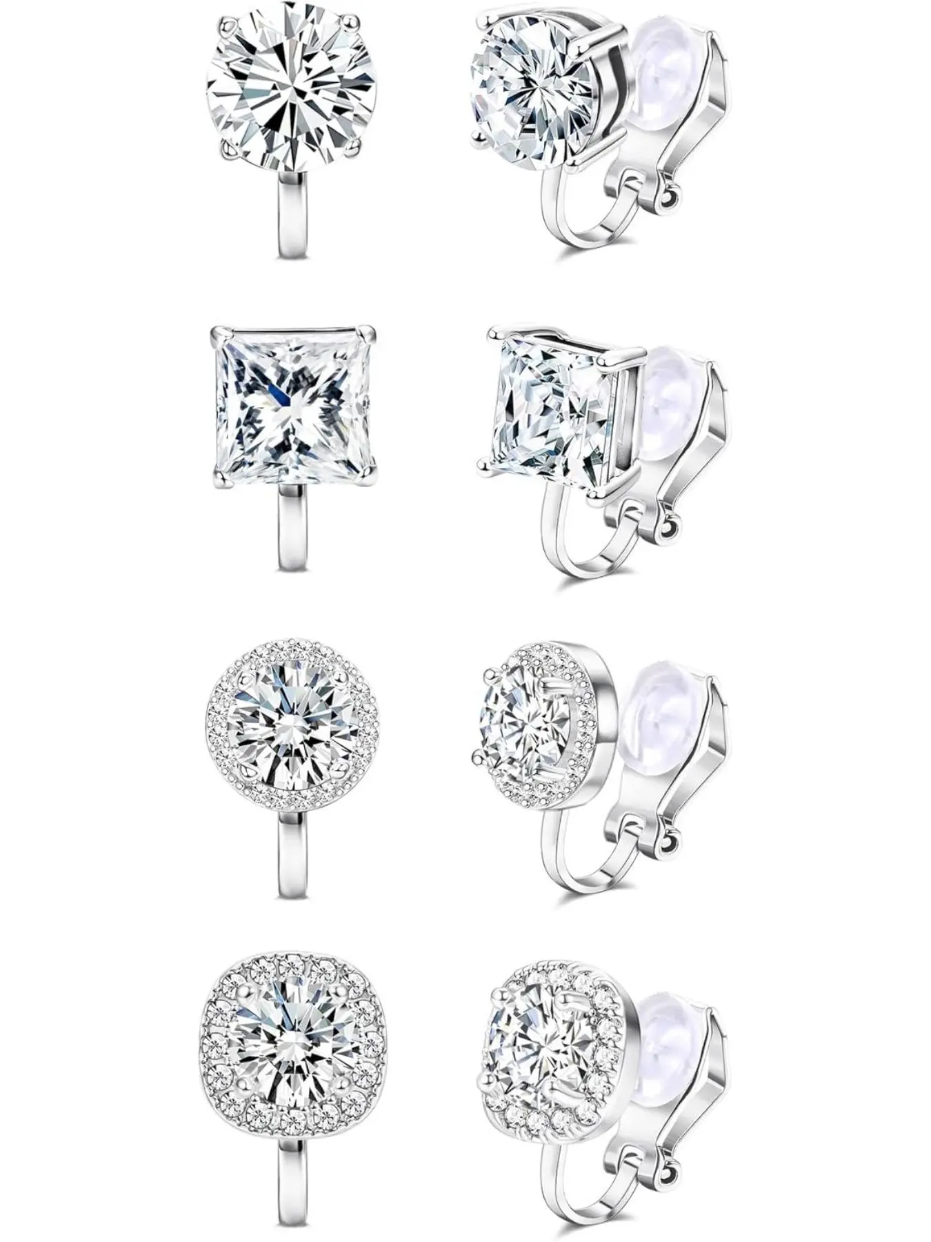 Cubic Zirconia Clip on Earrings - Women Hypoallergenic Comfortable Non Pierced Stud Earrings for Wedding and Dance Competitions, Clip-on Earrings Silver Gold Hypoallergenic CZ Earrings Hypoallergenic Jewelry