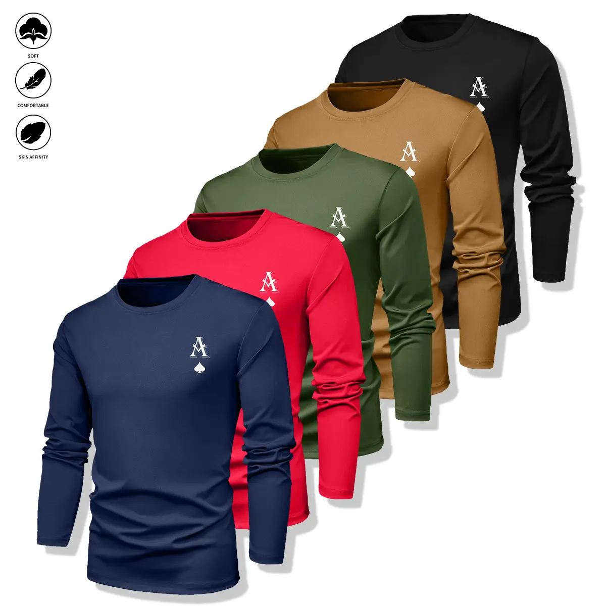 Men's 5-Pack Quick-Dry Long-Sleeve Crew Neck Sweatshirts - Sweat-Wicking, Breathable, Form-Fitting, Dry-Fit Athletic Clothes, Mensfashion Activewear for Casual & Workout Use, Various Colors