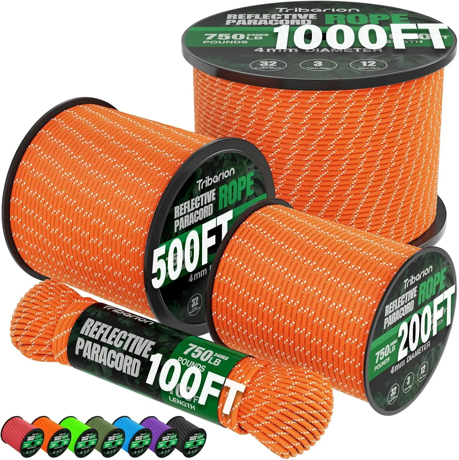 Reflective Paracord Rope 750 lb - 100ft 5/32" Parachute Cord 4MM 12-Strand para Cord - Heavy Duty Spool String for Survival Camping Gear Survival Bracelet Clothesline Orange