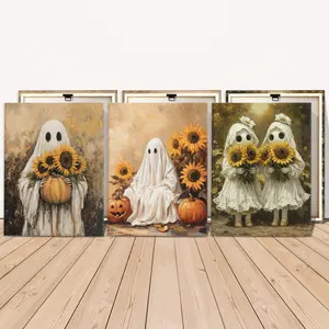 Halloween Ghost Pattern Canvas Painting, 3 Counts/set Wooden Framed Canvas Painting, Wall Art Decor for Home Living Room Bedroom