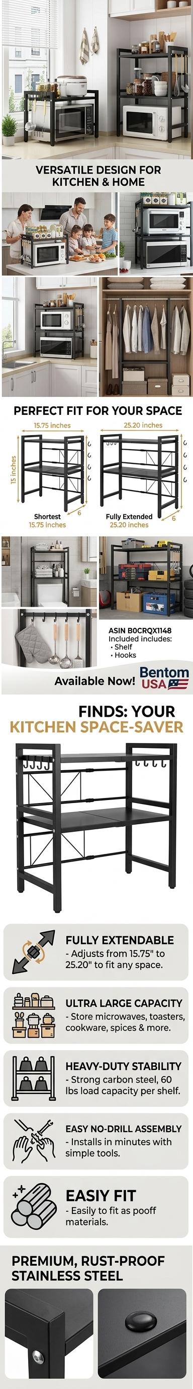 Kitchen Countertop Organizer Rack, Adjustable Microwave & Oven Stand, Multi-Layer Storage Shelf for Rice Cooker, Multi-Functional, Space-Saving, Sturdy, No Tools Needed, Essential Home Kitchen Supplies