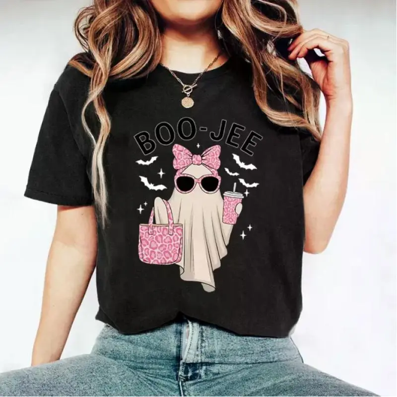 Boo-Jee Ghost Halloween Shirt, Pink Leopard Ghost Coffee Tee, Funny Fall Graphic Tee, Cute Spooky Season Gift for Man & Woman
