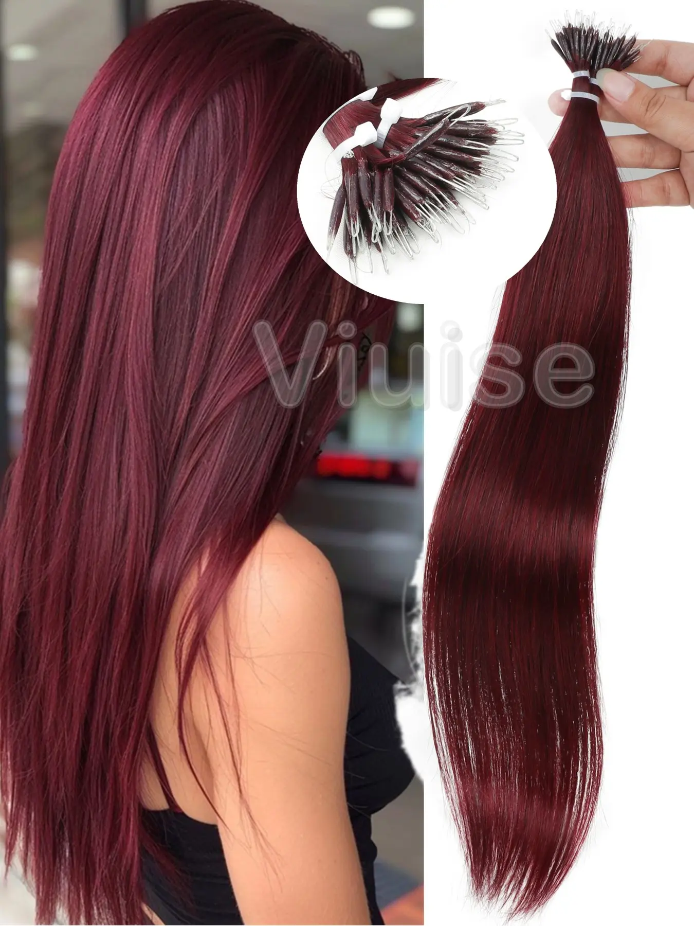 30G 50pcs Burgundy Nano Beads Premium Pure Human Hair Extensions,Capsule Nano Ring Fusion Human Hair Extension,Straight Natural Hair Extensions,Invisible Hair Extensions,Straight Hair Bundles,12inch-22inch