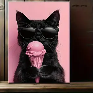 [Modern Cat Canvas Art] 1pc Modern Minimalist Framed Canvas Wall Art - Cute Black Cat Eating Pink Ice with Fashion Glasses, Pink Background Poster for Home, Office, Cafe Decor - Ready-to-Hang Wrapped Canvas Print Gift for Cat Lovers, Cat Canvas Wall Art,