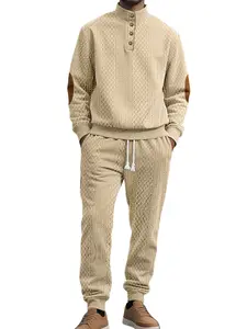 Men's jacquard suit, quarter buttoned Henley collar shirt, elbow patch with brown patch, drawstring cuffed trousers, thick and comfortable, suitable for daily outdoor activities, streetwear and outdoor leisure outfit in autumn and winter. Men's suit.