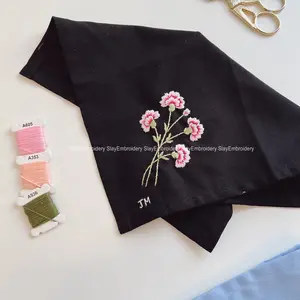 Carnation Hand-Embroidery Linen Handkerchief Custom Wild Flowers Handkerchief Women Embroidery Handkerchiefs