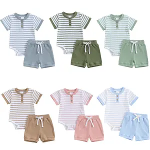 Newborn Baby Boy Girl Clothes 3 6 9 12 18 Months Ribbed Knit Striped Short Sleeve Romper Bodysuit Elastic Waist Shorts Set Infant Summer Outfits