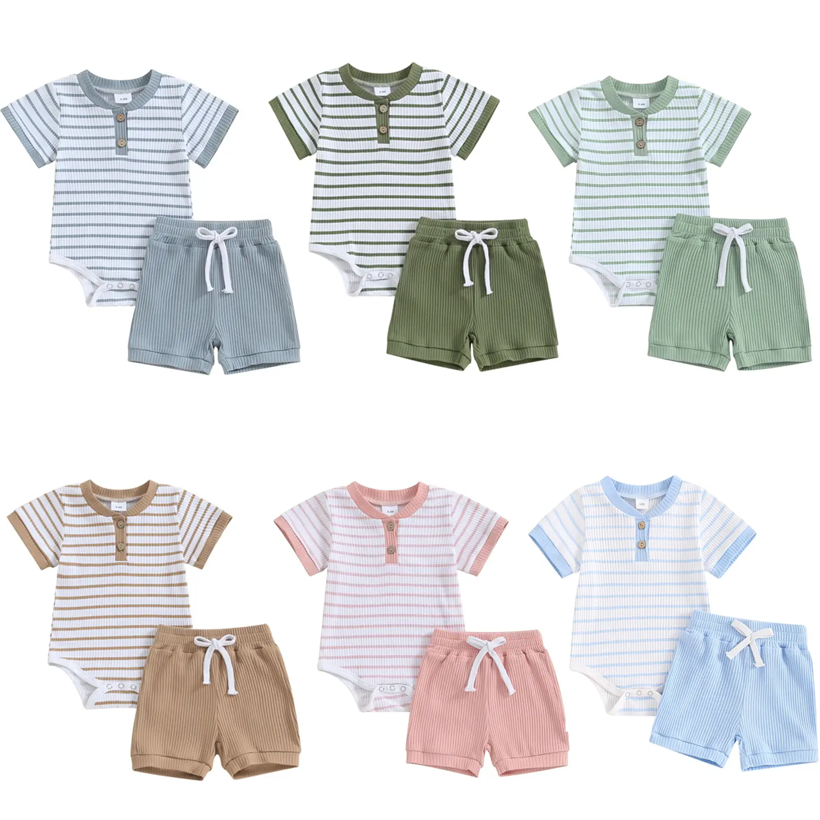 Newborn Baby Boy Girl Clothes 3 6 9 12 18 Months Ribbed Knit Striped Short Sleeve Romper Bodysuit Elastic Waist Shorts Set Infant Summer Outfits