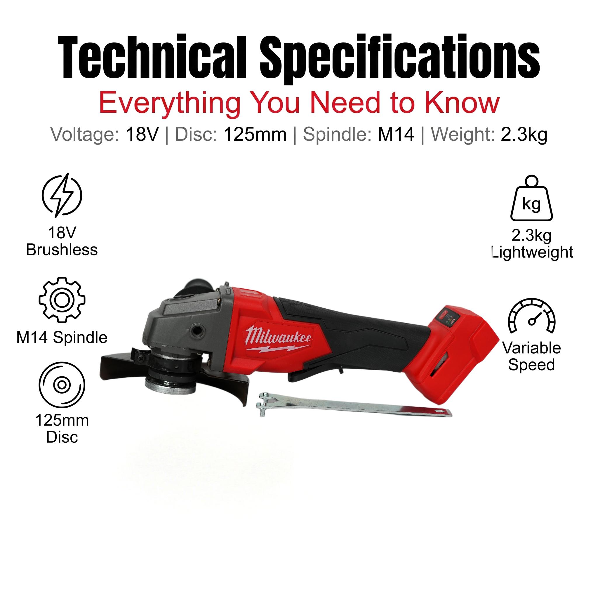 Milwaukee 18V 125mm Brushless Angle Grinder, M14 Spindle For Metal Cutting & Polishing