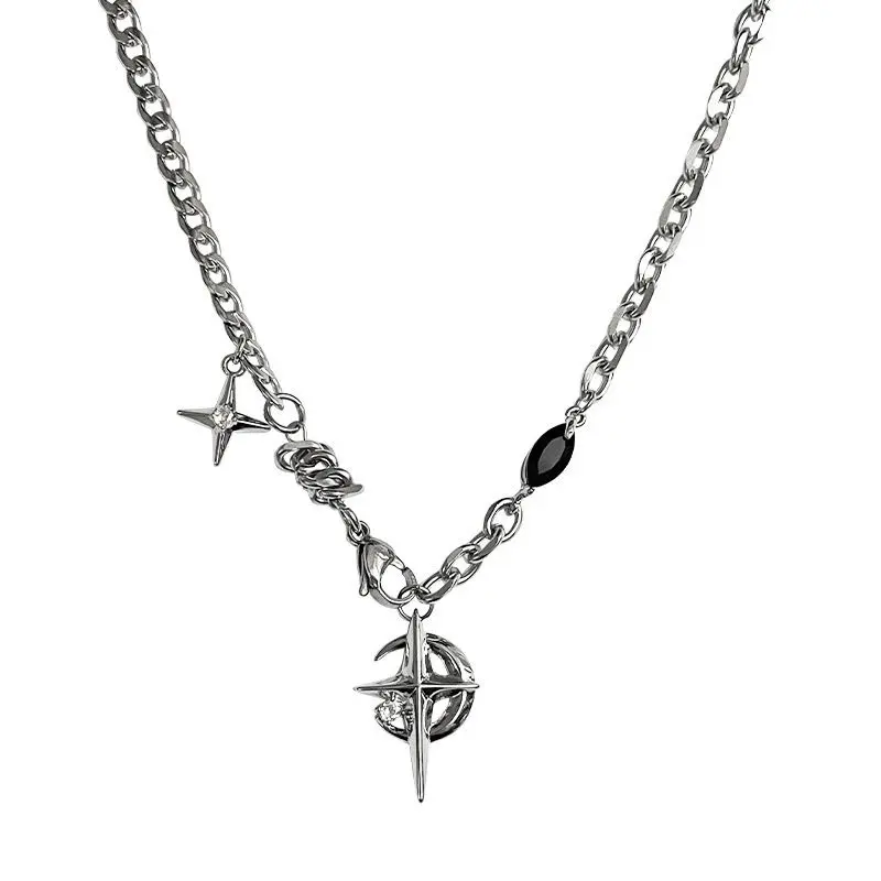 Titanium steel black gemstone starburst chain and star-and-moon necklace (Cuban-Figaro chain / star-and-moon pendant / punk style / black zirconia / choker)—an excellent jewelry gift.