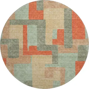 HomeRoots 675729 8 ft. Sage Orange & Beige Geometric Washable Round Area Rug - UV Protected, Large-Scale, Circle, Dual-Colored, Full-Sized, Kids-Safe, Large-Scale Area Rugs, Circle Area Rugs