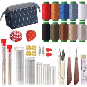 75 PCS Sewing Tool Set, Big Eye Steel Sewing Needles Kit with 10 Rolls Jeans Thread & Strawberry Pin Cushion Holder, Denim Needles Hand Repair Kit for Beginners, Portable DIY Travel Working