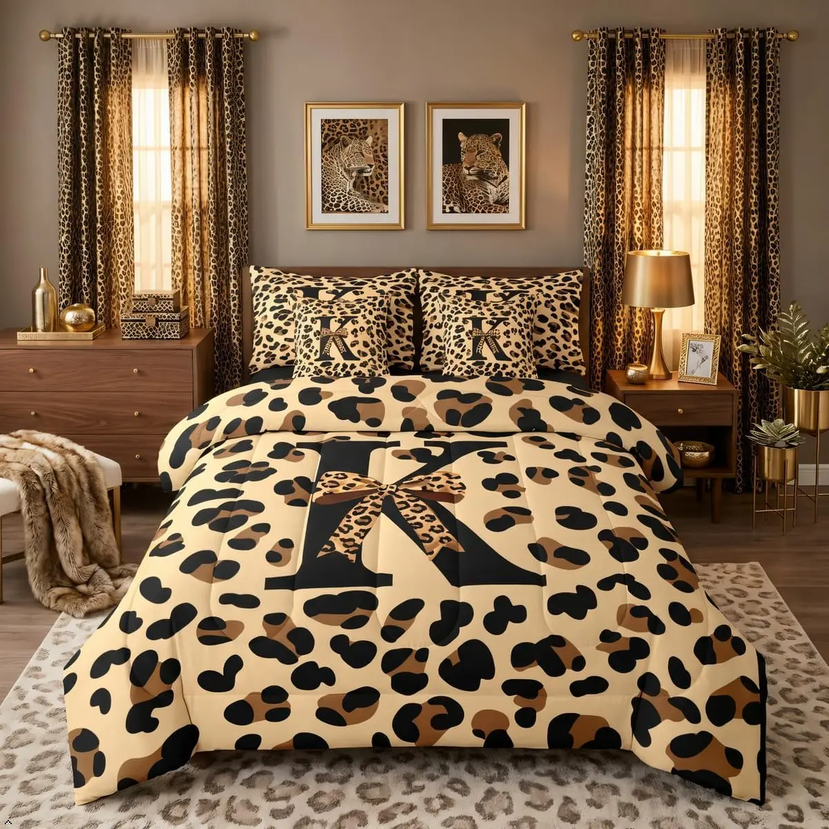 Initial Cheetah 7 Pieces Bedding Set,Bowknot Alphabet K Comforter Set Preppy Coquette Leopard Print Comforter and Sheets African Wild Animal Bed Sets