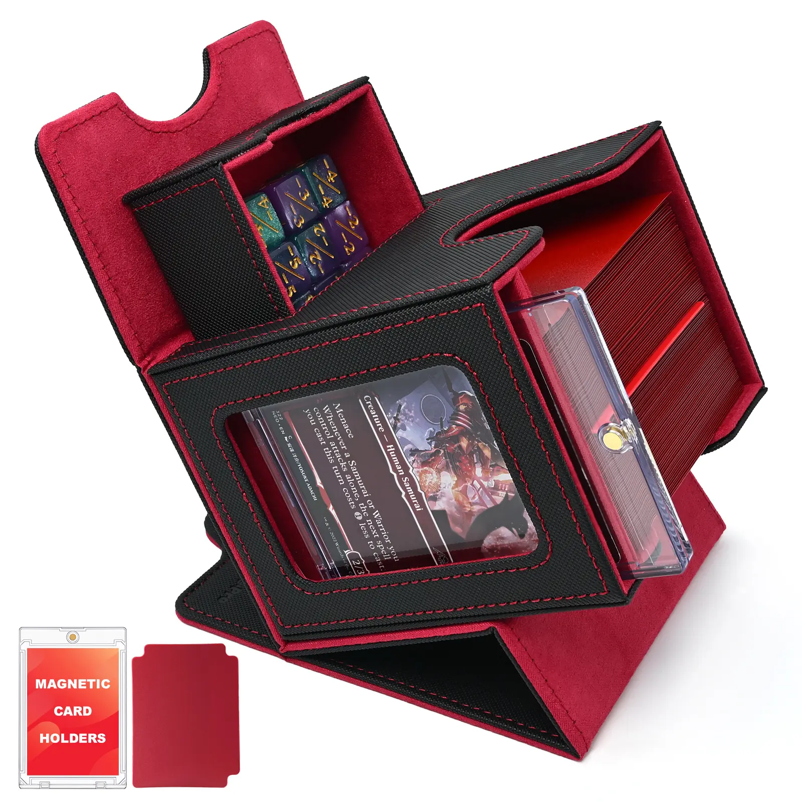 Card Deck Box for MTG with Display Window, Commander Deck Box Fits 100+ Double-Sleeved Cards, Magnetic Closure Card Storage Box with Divider, Dice Tray and 35PT Toploader