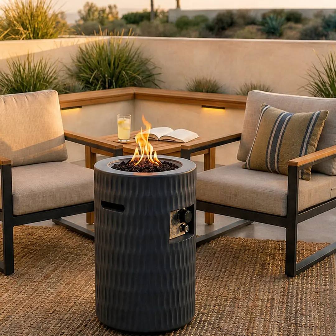 ARCH 26-Inch Propane Fire Pit Outdoor Gas Fire Column 40,000 BTU Cylindrical Concrete Fire Pit with Hidden 20lb Tank Storage, Modern Textured Fire Pit for Patio Balcony Poolside, Includes Lava Rocks & Waterproof Cover, Multiple Color Options
