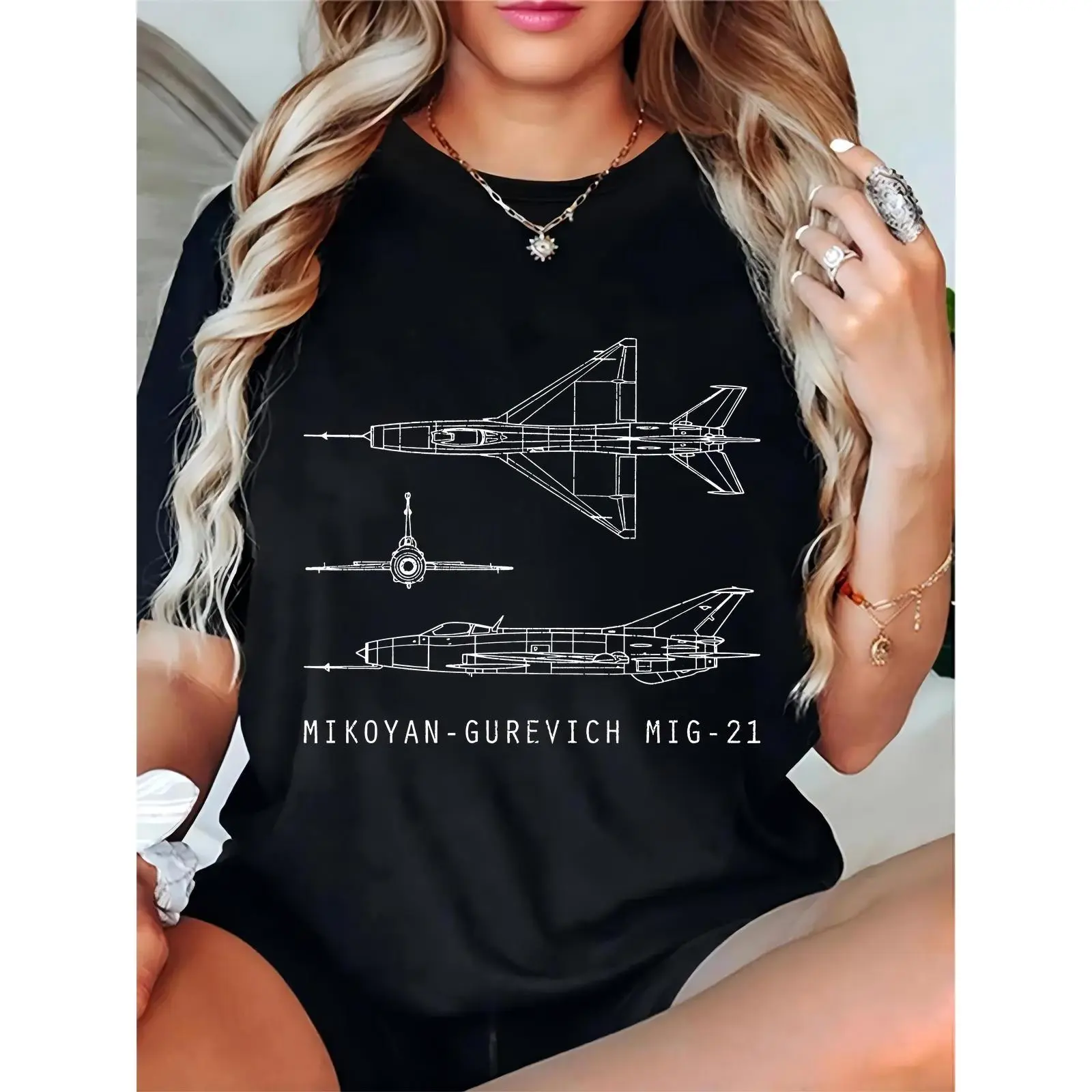 Women's Black T-Shirt with Mikoyan-Gurevich MiG-21 Fighter Jet Blueprint Print | Casual Wear for Aviation Enthusiasts, Pilots, Daily & Airshow Events