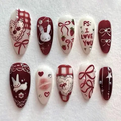 Cute Bunny Strawberry Bow Pearl Heart Rhinestone Ballerina Fake Nails, Press On Nails Design, Medium Length Reusable Wearable Nail Art Set for Women & Girls