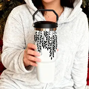 30oz Insulated Stainless Steel Coffee Mug with Straw, Leaf Pattern, Cold Drink Cup, Travel Mug, Perfect Gift for Men and Women