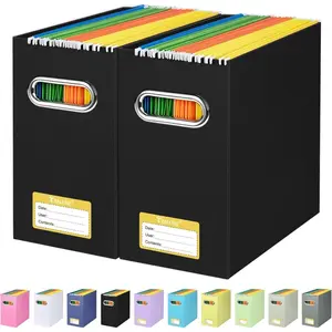 File Organizer Box, Cardboard File Folder Organizer With Handle for Letter Size, Portable Collapsible Hanging Filing Box for Home Office Document Storage, 2 Pack, Black
