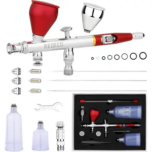 SJ83 Airbrush Self-Centring Plug-in Nozzle, 0.2, 0.3 & 0.5mm Nozzle Sets and 1/3 oz Cup, Dual-Action Gravity Feed Airbrush with 1/3 oz,2/3 oz,4/3 oz Replacement Cups (RED)