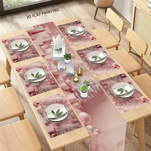 2D flat printing, set of 1 piece/4 pieces/6 pieces/5 pieces/7 pieces, Christmas pink holiday gift pattern dining table runway and matching household placemat, kitchen and restaurant holiday decoration,seasonal desktop accessories, daily desktop decoration