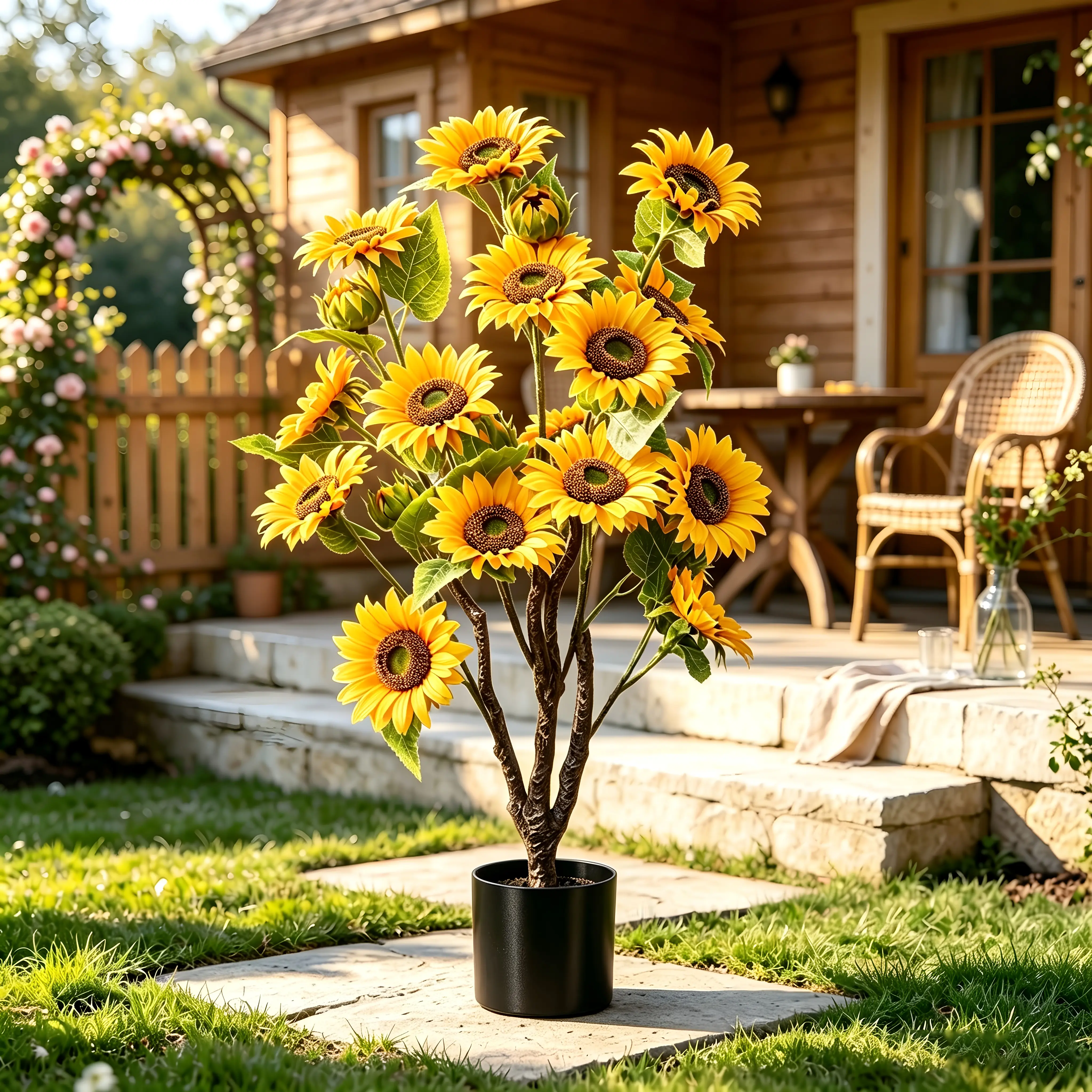2‑Piece Set UV‑Resistant Faux Sunflower Trees, Pre‑Potted Artificial Floor Trees (3ft/4ft Tall) for Farmhouse Porch, Indoor & Outdoor Home Decor