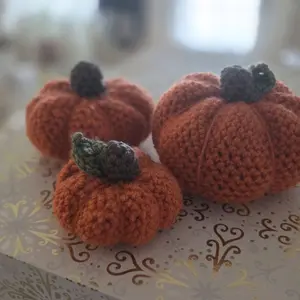 Hand Crochet Pumpkin Set of 3 - Orange with Green Leaves, Perfect for Autumn Decor