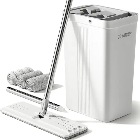 JOYMOOP Sturdy Flat Head Floor Cleaner Mop and Bucket Set, Adjustable Extendable Long Handle, Hands-Free Squeezeout Wringer, Reusable Washable Microfiber Heads for Wet/Dry Cleaning, Mop Heads Replacement Compatible