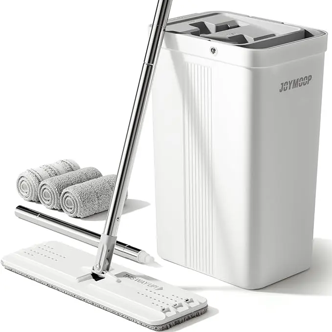 JOYMOOP Sturdy Flat Head Floor Cleaner Mop and Bucket Set, Adjustable Extendable Long Handle, Hands-Free Squeezeout Wringer, Reusable Washable Microfiber Heads for Wet/Dry Cleaning, Mop Heads Replacement Compatible