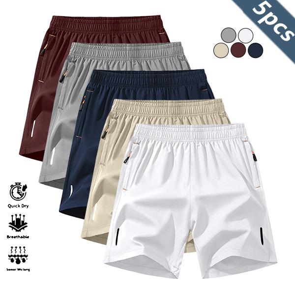 Men's Solid Color Zipper Pocket Shorts - Summer Casual Comfortable Breathable Three-Quarter Pants, Everyday Wear Men's Bottoms, Pack of 5