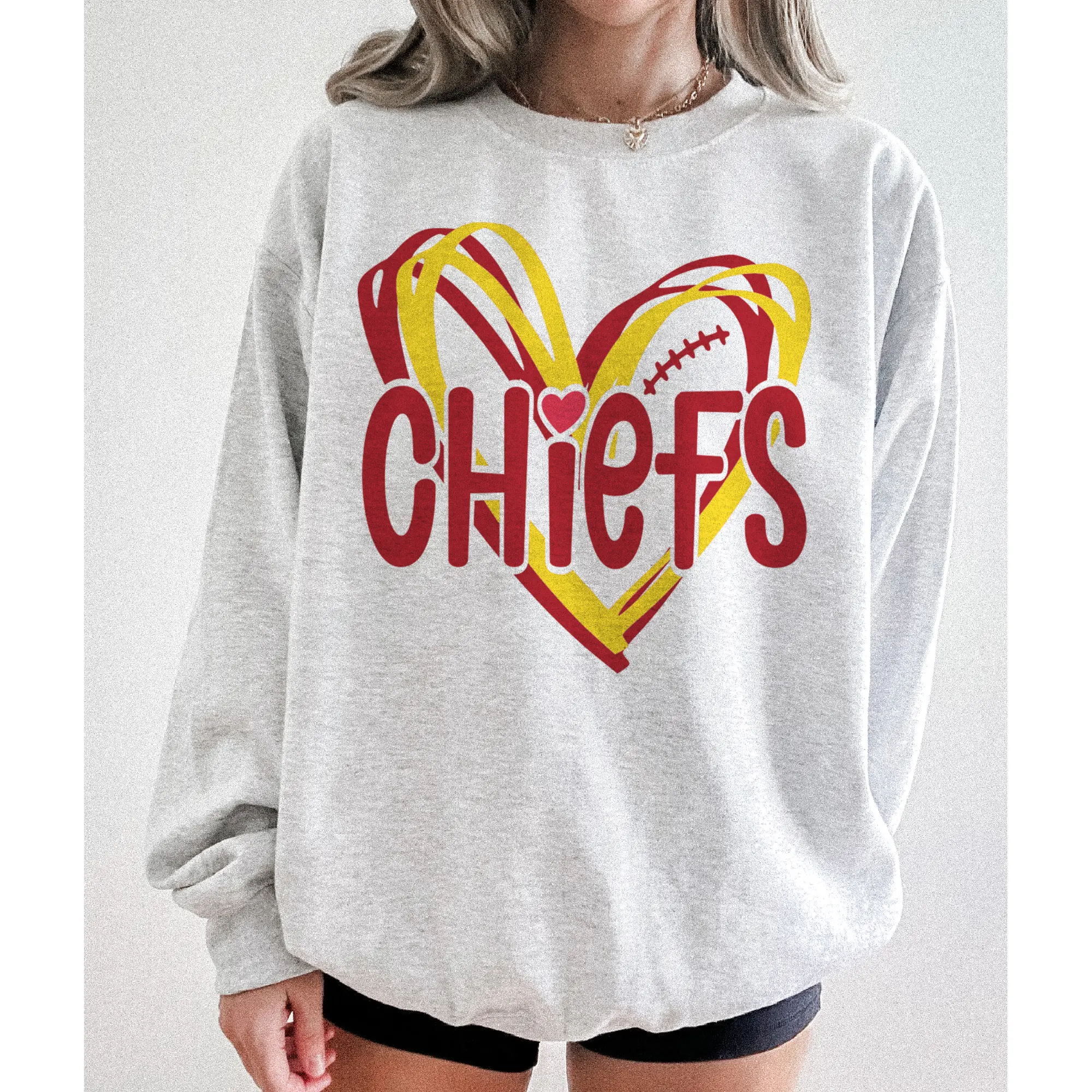 Football Heart Graphic Sweatshirts Ash Unisex Doodle Heart Pullover Team Sports Football Heart Doodle Crewneck Sweater