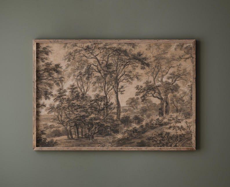 [SALE UP TO 50%] Antique Moody Charcoal Landscape Printable  Brown Landscape Painting Print Watercolour Brown Dark Wall Art Vintage Woods Sketch Woodland