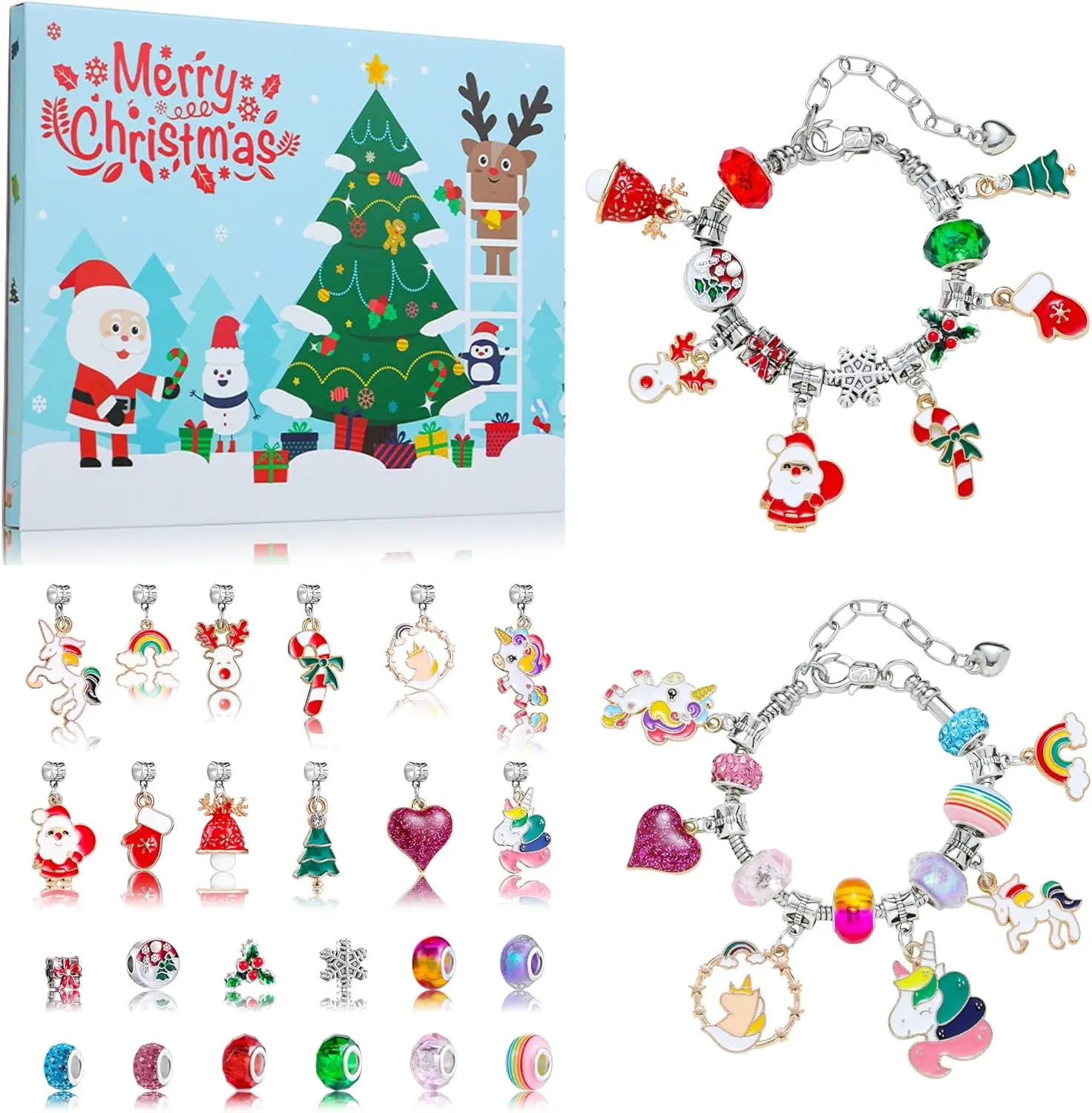 Christmas Advent Calendar Bracelets 2024, 24 Days Xmas Countdown Calendar with 2pcs DIY Charm Bracelets Kits for Girls, Kids, Teens, Adults & Women