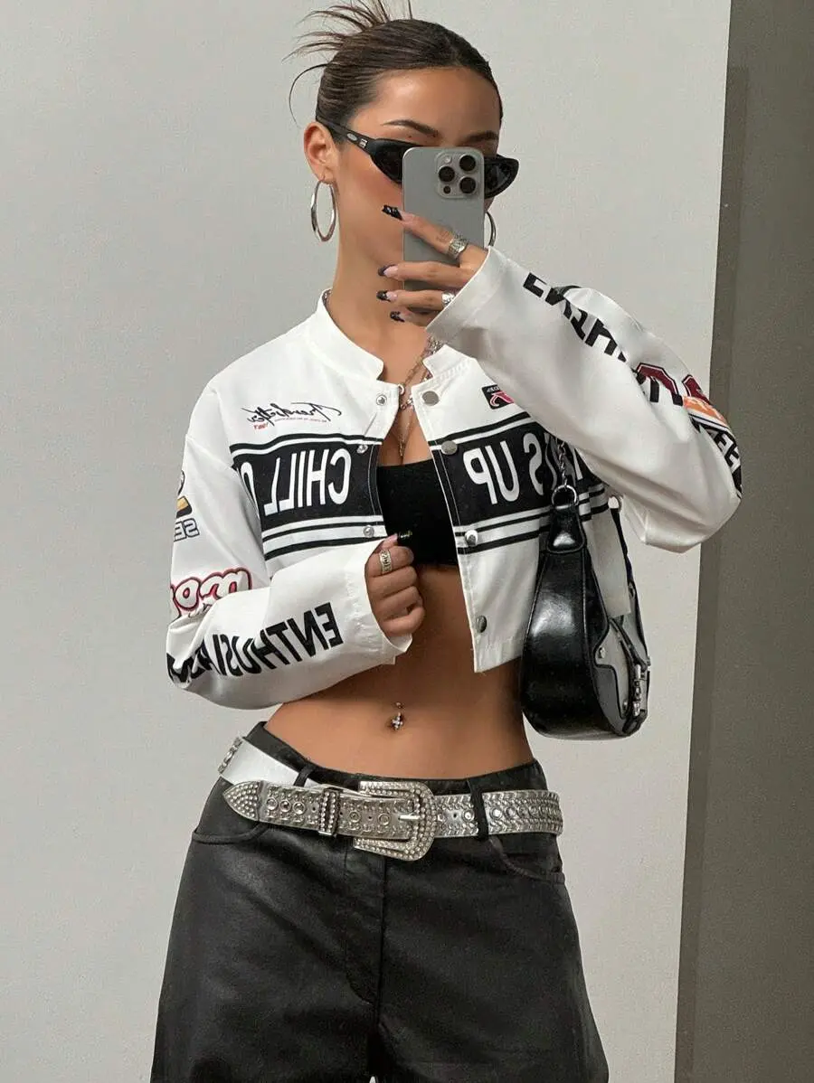 MUVA Women's Black And White Streetwear Motorcycle Cropped Jacket,Autumn Everyday Letter Print Button Front Drop Shoulder Stand Collar Lightweight Jackets