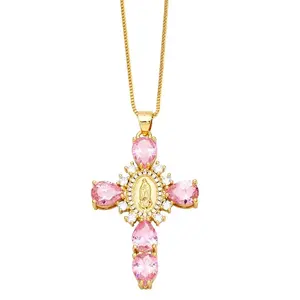 Religious Virgin Mary Cross Teardrop Color Cubic Zirconia Pendant Necklaces for Women