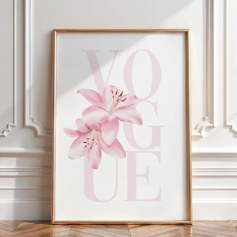 Pink Lily Vogue Print | Trendy Fashion Girl Wall Art | College Dorm Decor Poster No Frame