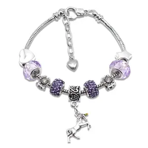 Unicorn Pendant Snake Bone Bracelet Adjustable Chain for Women Worry Stone Gift For Her Stainless Steel Wrist Jewelry with Purple Beads and Unicorn Charm