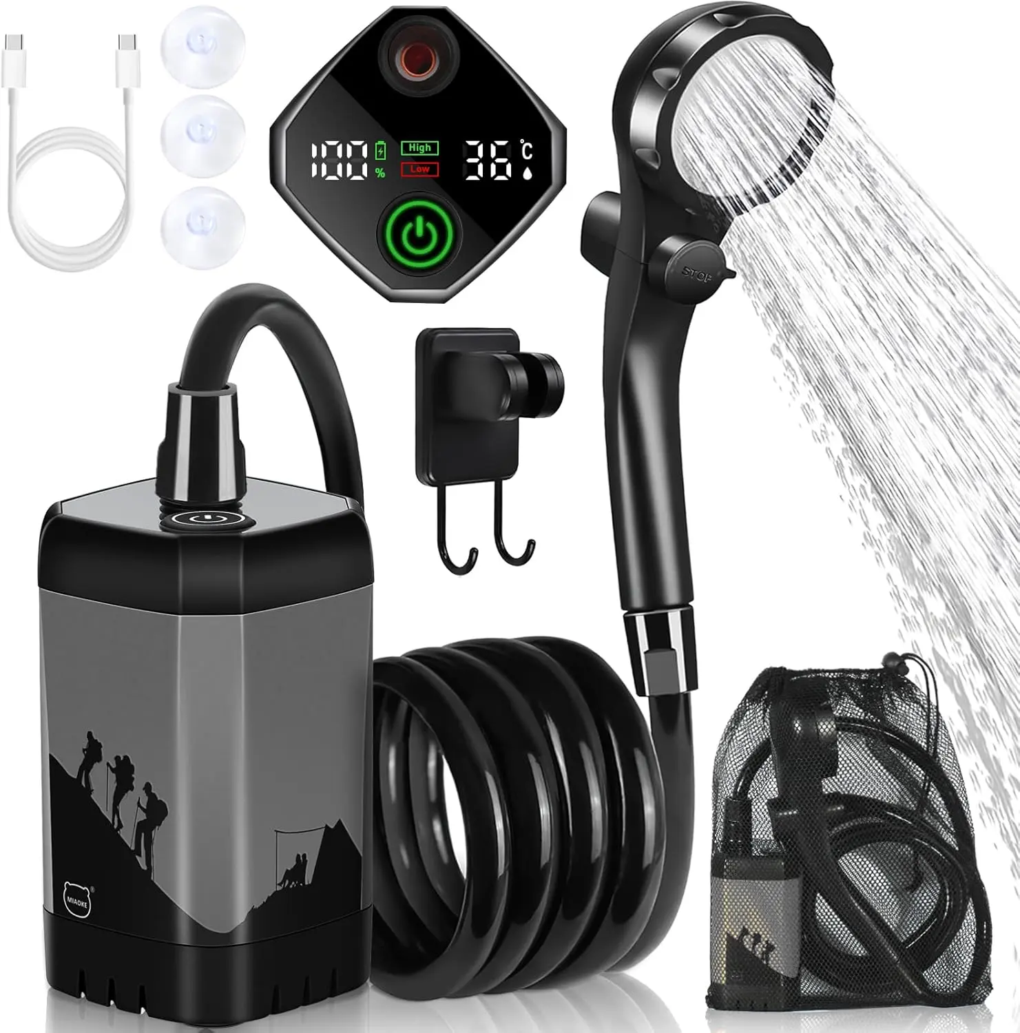 Camping Shower, 7800mAh Electric Shower Pump with Intelligent Display Temperature Display Shower Head for Camping, Hiking, Traveling